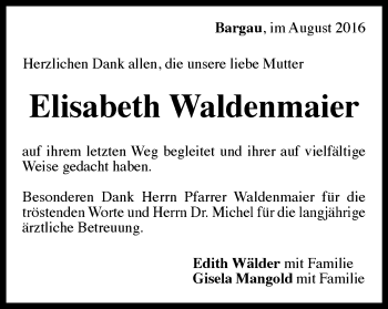 Traueranzeige von Elisabeth Waldenmaier von Gmünder Tagespost
