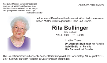 Traueranzeige von Rita Bullinger  von Schwäbische Post
