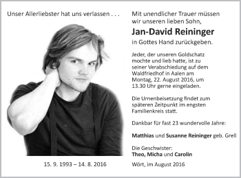 Traueranzeige von Jan-David Reininger von Schwäbische Post