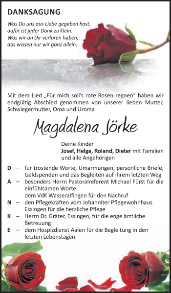 Traueranzeige von Magdalena Jörke von Schwäbische Post