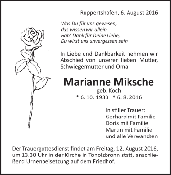 Traueranzeige von Marianne Miksche von Gmünder Tagespost