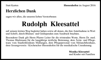 Traueranzeige von Rudolph Kleesattel von Gmünder Tagespost