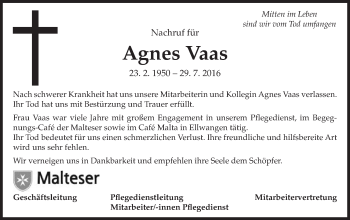 Traueranzeige von Agnes Vaas von Schwäbische Post