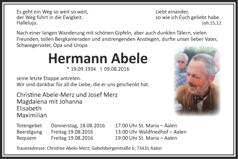 Traueranzeige für Hermann Abele vom 16.08.2016 aus Schwäbische Post