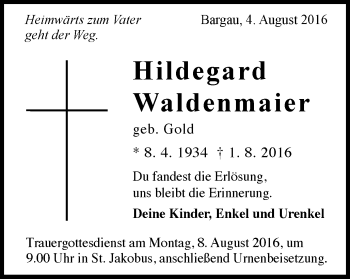 Traueranzeige von Hildegard Waldenmaier von Gmünder Tagespost