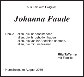 Traueranzeige von Johanna Faude von Schwäbische Post