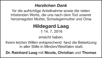 Traueranzeige von Hildegard Laag von Bopfinger Stadtanzeiger