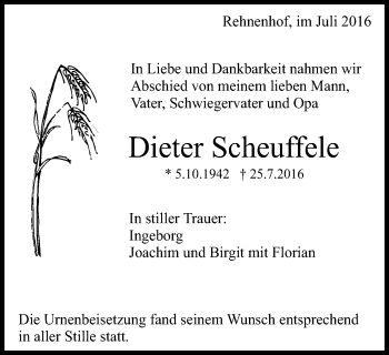 Traueranzeige von Dieter Scheuffele von Gmünder Tagespost