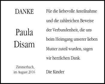 Traueranzeige von Paula Disam von Gmünder Tagespost