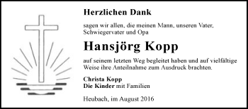 Traueranzeige von Hansjörg Kopp von Gmünder Tagespost