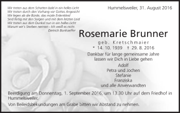 Traueranzeige von Rosemarie Brunner von Schwäbische Post