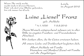 Traueranzeige von Luise Franz von Gmünder Tagespost