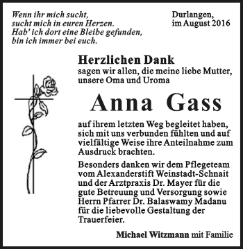 Traueranzeige von Anna Gass von Gmünder Tagespost