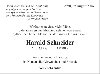 Traueranzeige von Harald Schneider von Gmünder Tagespost