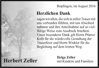 Traueranzeige von Herbert Zeller von Schwäbische Post