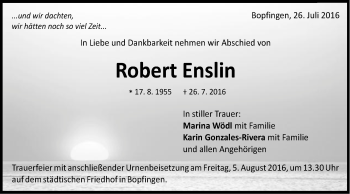 Traueranzeige von Robert Enslin von Schwäbische Post