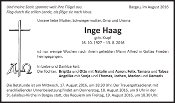 Traueranzeige von Inge Haag von Gmünder Tagespost