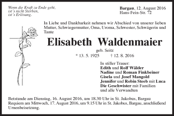 Traueranzeige von Elisabeth Waldenmaier von Gmünder Tagespost