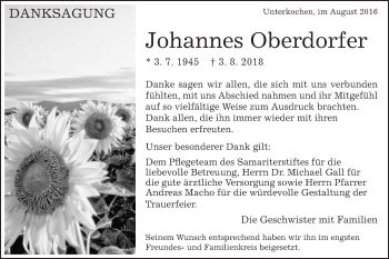 Traueranzeige von Johannes Oberdorfer von Schwäbische Post