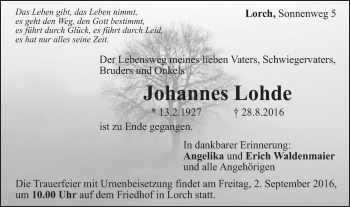 Traueranzeige von Johannes Lohde von Gmünder Tagespost