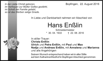 Traueranzeige von Hans Enßlin von Schwäbische Post