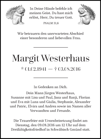 Traueranzeige von Margit Westerhaus von Gmünder Tagespost