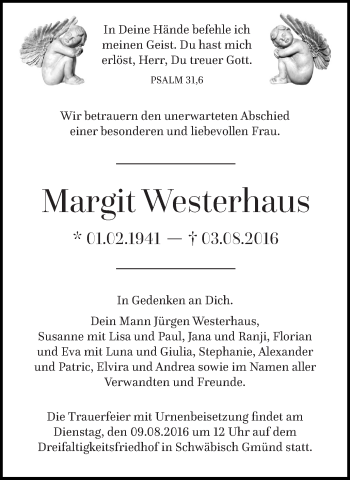 Traueranzeige von Margit Westerhaus