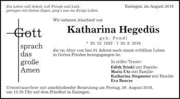 Traueranzeige von Katharina Hegedüs von Schwäbische Post