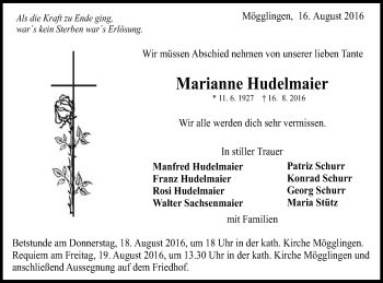 Traueranzeige von Marianne Hudelmaier von Gmünder Tagespost