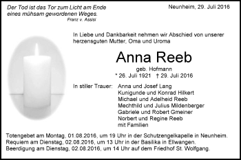 Traueranzeige von Anna Reeb von Schwäbische Post