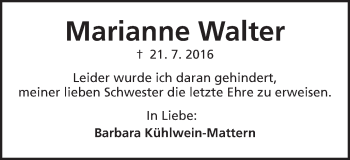 Traueranzeige von Marianne Walter von Schwäbische Post