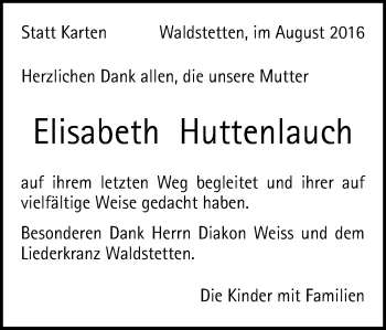 Traueranzeige von Elisabeth Huttenlauch von Gmünder Tagespost
