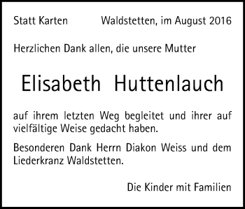 Traueranzeige von Elisabeth Huttenlauch