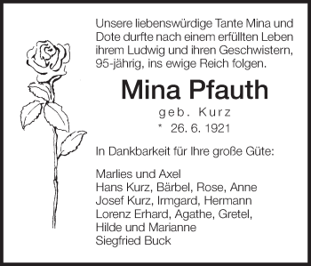 Traueranzeige von Mina Pfauth von Schwäbische Post
