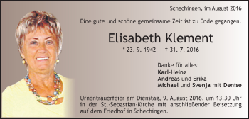 Traueranzeige von Elisabeth Klement von Schwäbische Post