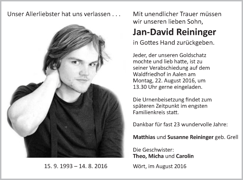  Traueranzeige für Jan-David Reininger vom 20.08.2016 aus Schwäbische Post