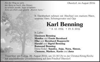 Traueranzeige von Karl Benning von Schwäbische Post