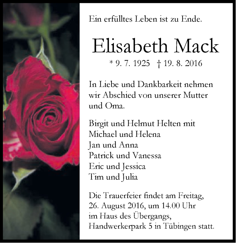 Traueranzeigen Von Elisabeth Mack Ostalbtrauer
