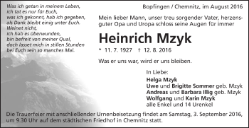 Traueranzeige von Heinrich Mzyk von Bopfinger Stadtanzeiger