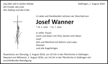 Traueranzeige von Josef Wanner von Schwäbische Post