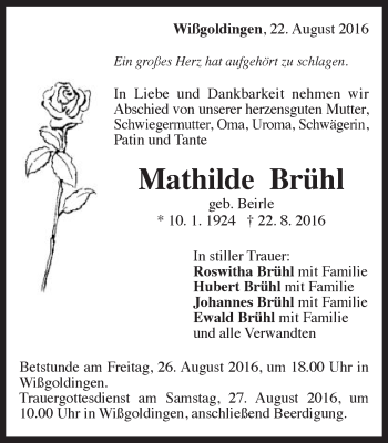 Traueranzeige von Mathilde Brühl von Gmünder Tagespost