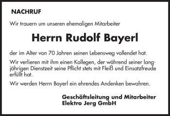 Traueranzeige von Rudolf Bayerl von Schwäbische Post