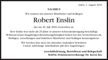 Traueranzeige von Robert Enslin von Schwäbische Post