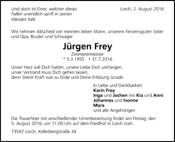 Traueranzeige von Jürgen Frey von Gmünder Tagespost