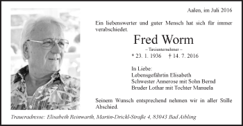 Traueranzeige von Fred Worm von Schwäbische Post