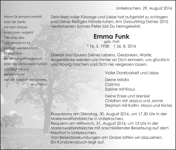 Traueranzeige von Emma Funk von Schwäbische Post