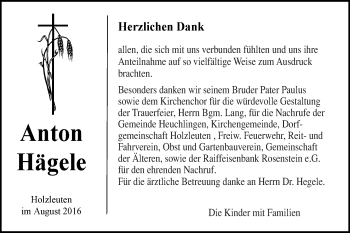 Traueranzeige von Anton Hägele von Gmünder Tagespost