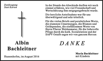 Traueranzeige von Albin Bachleitner von Gmünder Tagespost