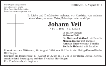 Traueranzeige von Johann Veil von Schwäbische Post