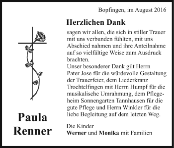Traueranzeige von Paula Renner von Schwäbische Post